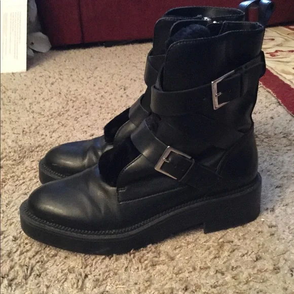 ☠️ ZARA TRAFALUC MOTO LEATHER & FAUX FUR EDGY BIKER BABE GRUNGE BUCKLE BOOTS - Picture 10 of 15